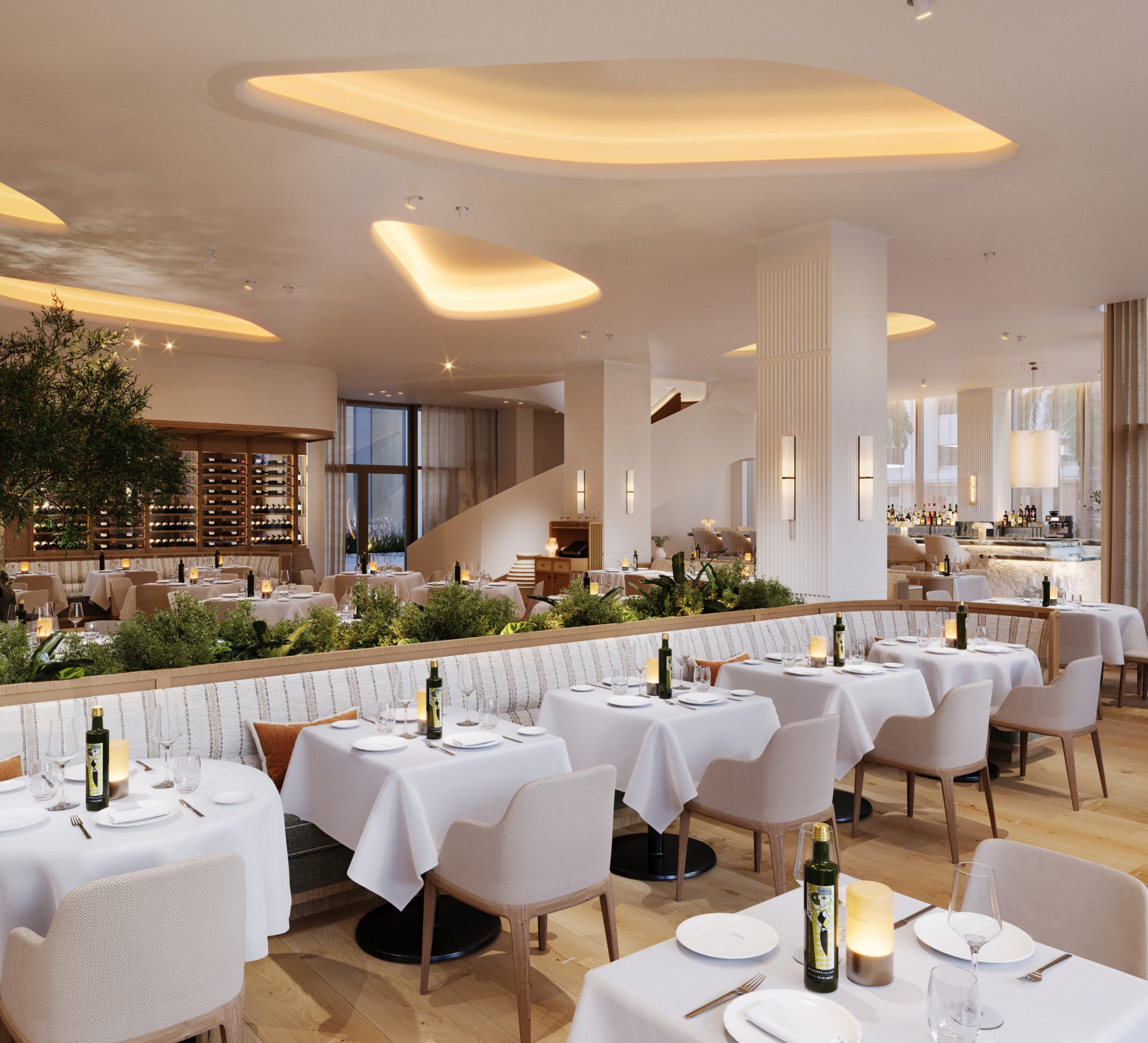 overview of the expansive dining room with greek agean cycladic design features in the ceiling